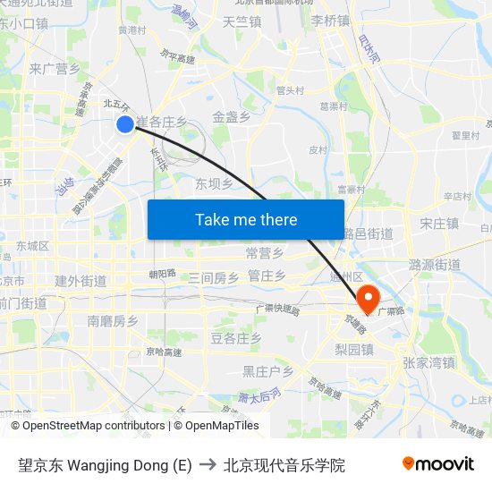 望京东 Wangjing Dong (E) to 北京现代音乐学院 map