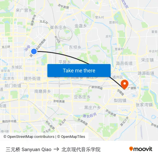 三元桥 Sanyuan Qiao to 北京现代音乐学院 map