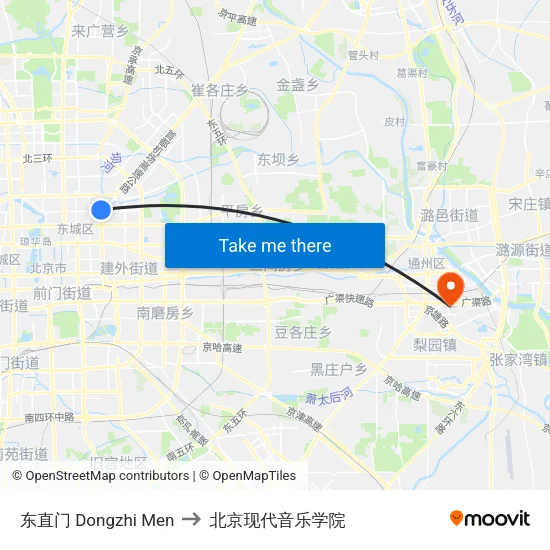 东直门 Dongzhi Men to 北京现代音乐学院 map