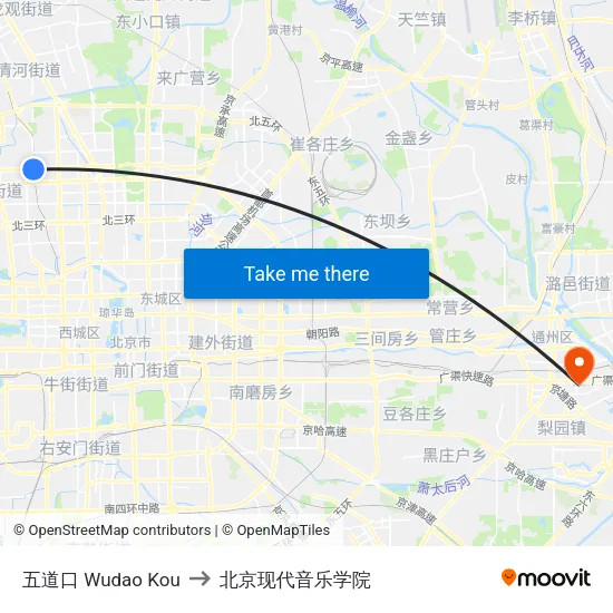 五道口 Wudao Kou to 北京现代音乐学院 map