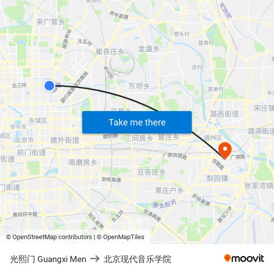 光熙门 Guangxi Men to 北京现代音乐学院 map