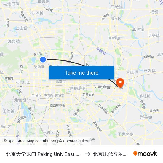 北京大学东门 Peking Univ.East Gate to 北京现代音乐学院 map