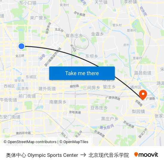 奥体中心 Olympic Sports Center to 北京现代音乐学院 map