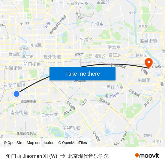 角门西 Jiaomen XI (W) to 北京现代音乐学院 map