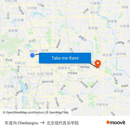 车道沟 Chedaogou to 北京现代音乐学院 map