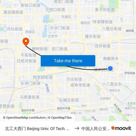 北工大西门 Beijing Univ. Of Tech. West Gate to 中国人民公安大学 map