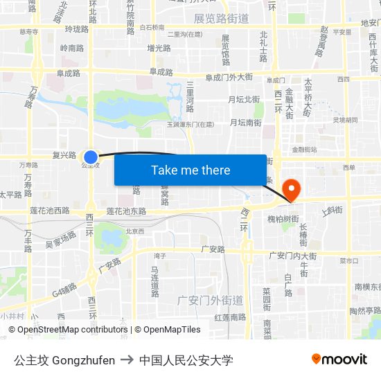公主坟 Gongzhufen to 中国人民公安大学 map