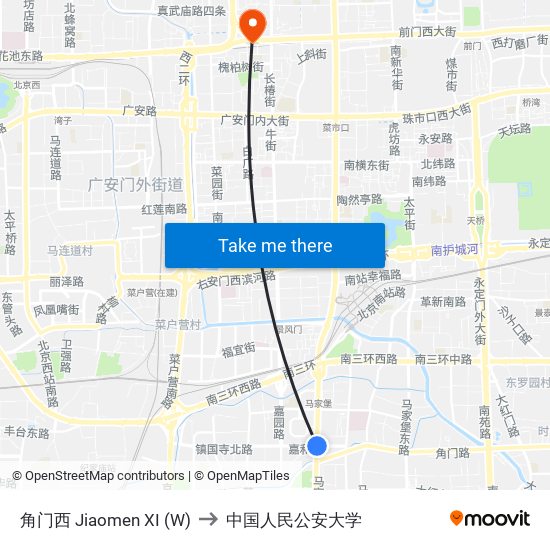 角门西 Jiaomen XI (W) to 中国人民公安大学 map