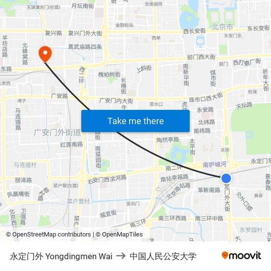 永定门外 Yongdingmen Wai to 中国人民公安大学 map