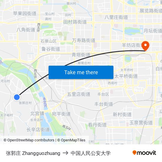 张郭庄 Zhangguozhuang to 中国人民公安大学 map