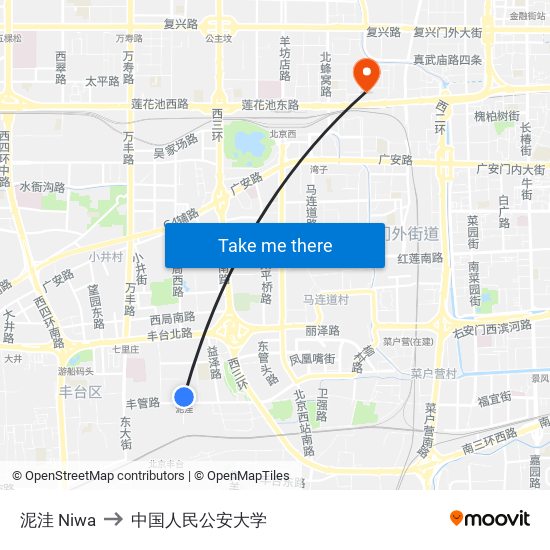 泥洼 Niwa to 中国人民公安大学 map