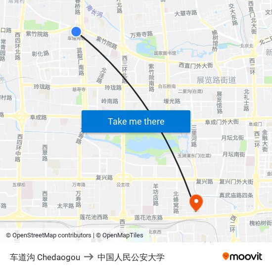 车道沟 Chedaogou to 中国人民公安大学 map