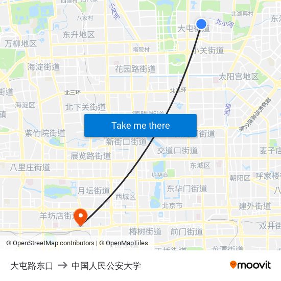 大屯路东口 to 中国人民公安大学 map