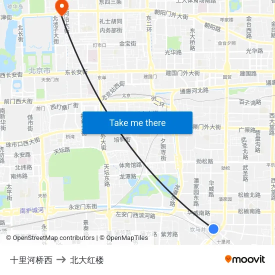 十里河桥西 to 北大红楼 map
