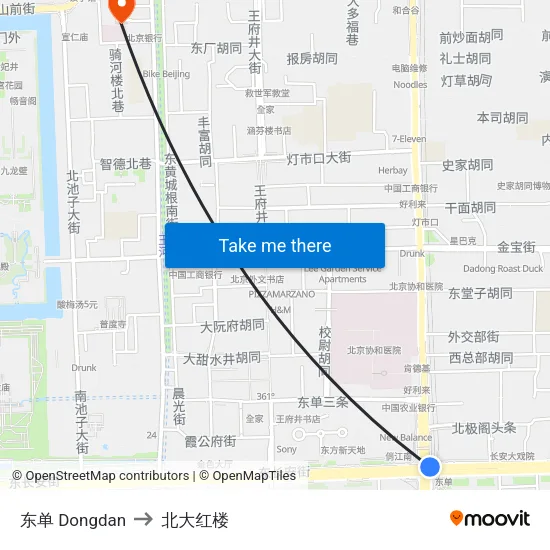 东单 Dongdan to 北大红楼 map