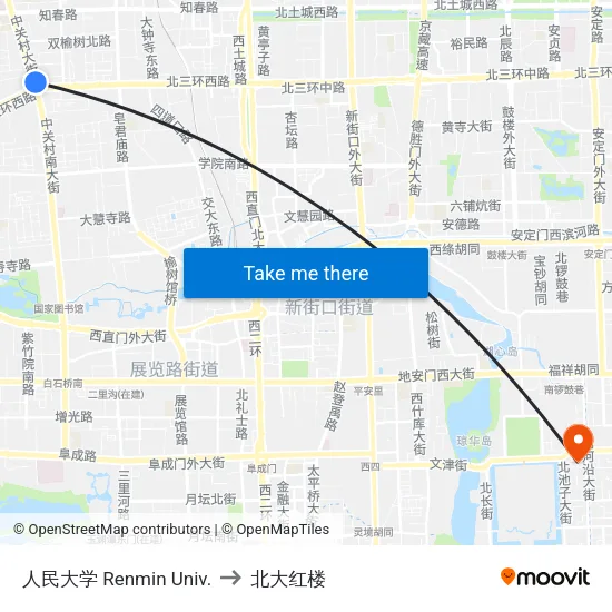人民大学 Renmin Univ. to 北大红楼 map