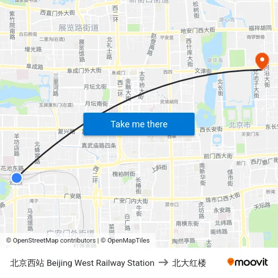 北京西站 Beijing West Railway Station to 北大红楼 map