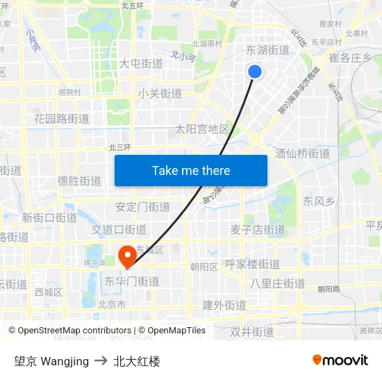望京 Wangjing to 北大红楼 map