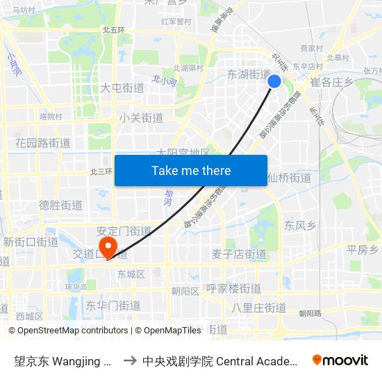 望京东 Wangjing Dong (E) to 中央戏剧学院 Central Academy of Drama map