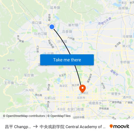 昌平 Changping to 中央戏剧学院 Central Academy of Drama map