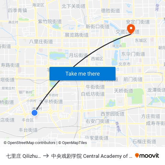 七里庄  Qilizhuang to 中央戏剧学院 Central Academy of Drama map