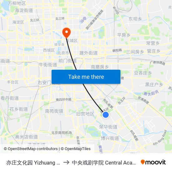 亦庄文化园 Yizhuang Culture Park to 中央戏剧学院 Central Academy of Drama map