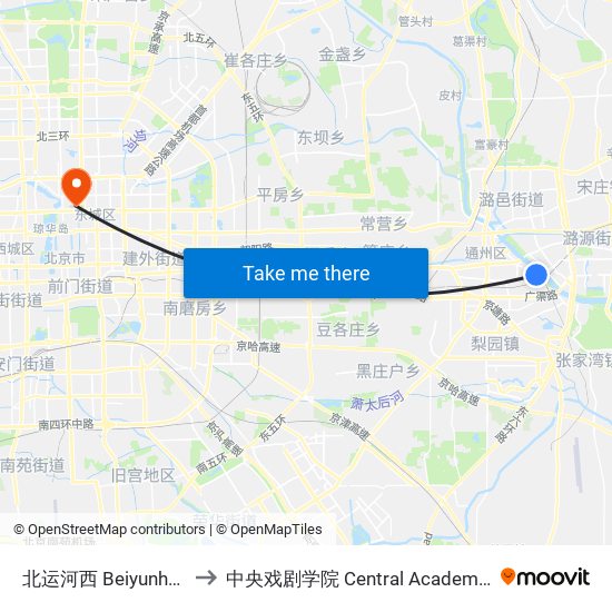 北运河西 Beiyunhe XI (W) to 中央戏剧学院 Central Academy of Drama map