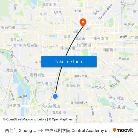 西红门 Xihong Men to 中央戏剧学院 Central Academy of Drama map