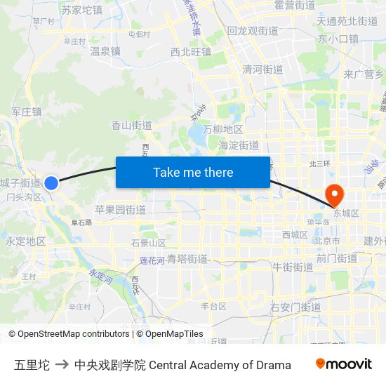 五里坨 to 中央戏剧学院 Central Academy of Drama map