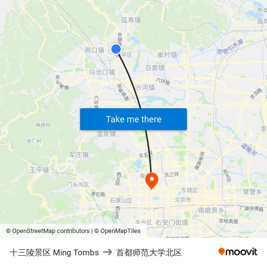 十三陵景区 Ming Tombs to 首都师范大学北区 map