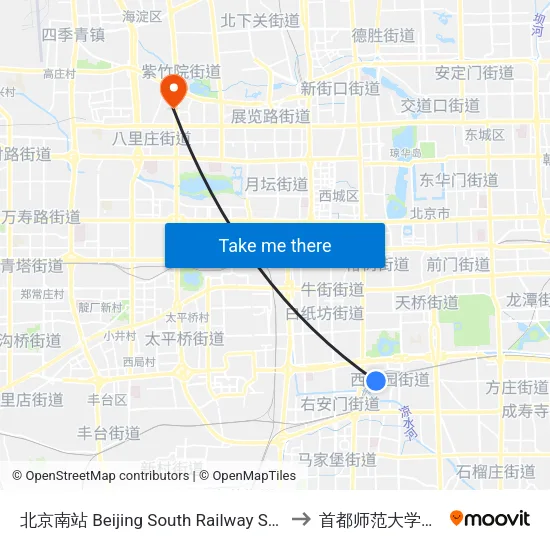 北京南站 Beijing South Railway Station to 首都师范大学北区 map