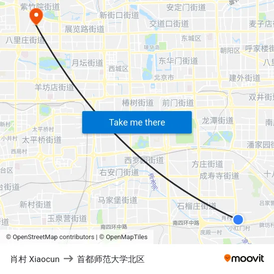 肖村 Xiaocun to 首都师范大学北区 map