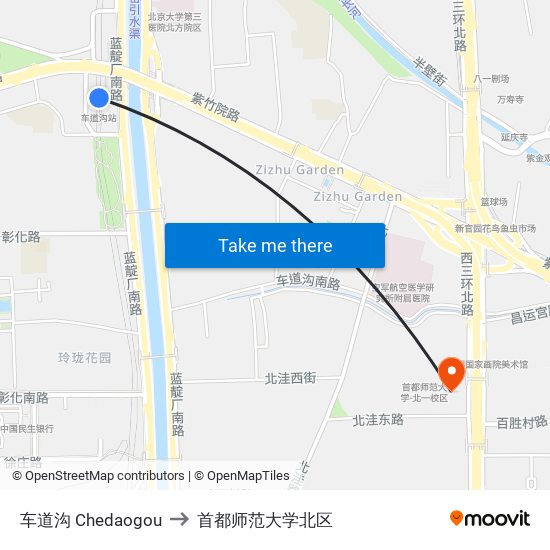 车道沟 Chedaogou to 首都师范大学北区 map