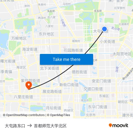 大屯路东口 to 首都师范大学北区 map