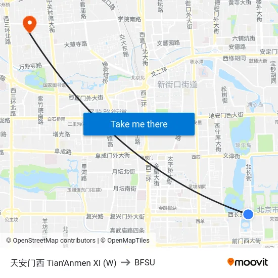 天安门西 Tian'Anmen XI (W) to BFSU map