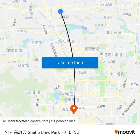 Shahe University Park to BFSU map