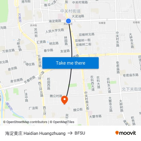海淀黄庄 Haidian Huangzhuang to BFSU map