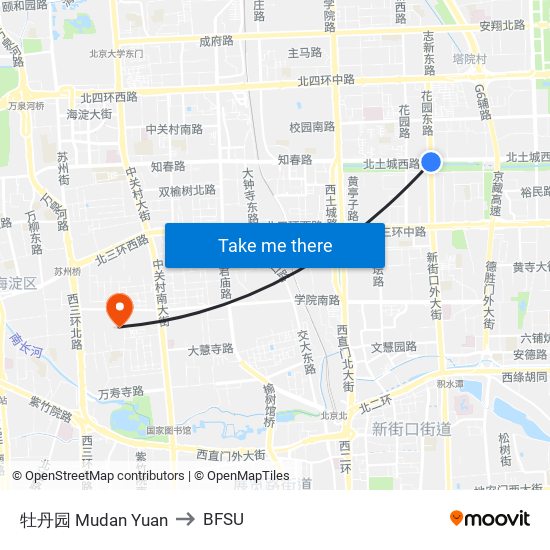 牡丹园 Mudan Yuan to BFSU map