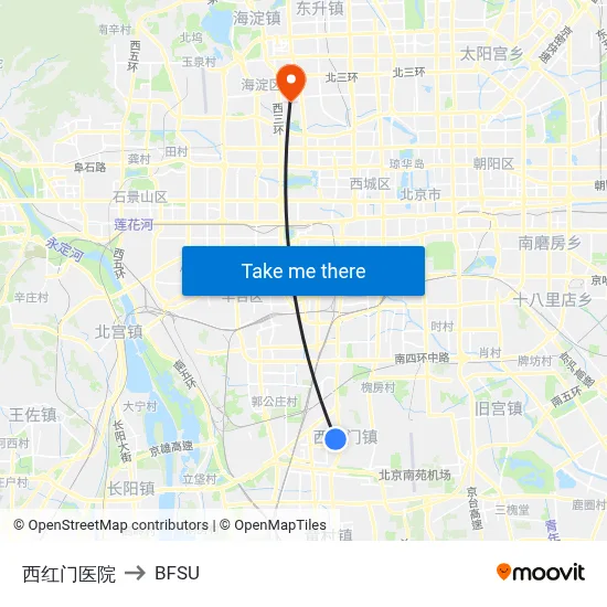 Xihongmen Hospital to BFSU map