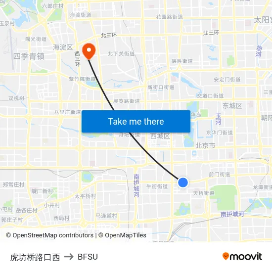 Hufang Bridge West Intersection to BFSU map