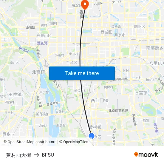 Huangcun West Street to BFSU map