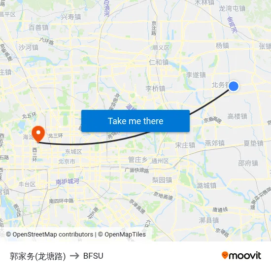 Guojiawu (Longtang Road) to BFSU map