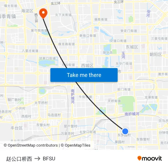 Zhaogongkou Bridge West to BFSU map