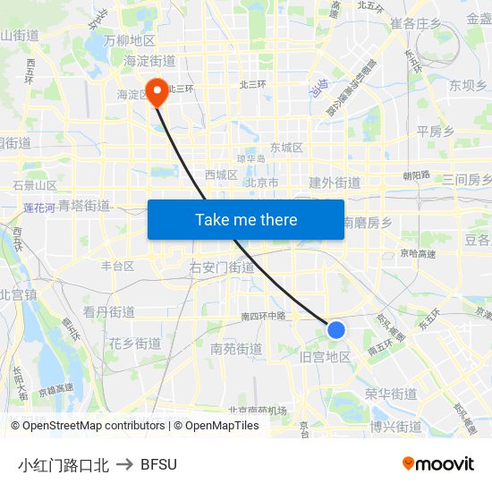 小红门路口北 to BFSU map