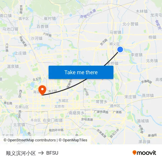 顺义滨河小区 to BFSU map