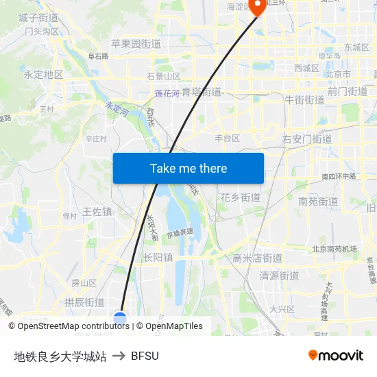 Metro Liangxiang University Town Station to BFSU map