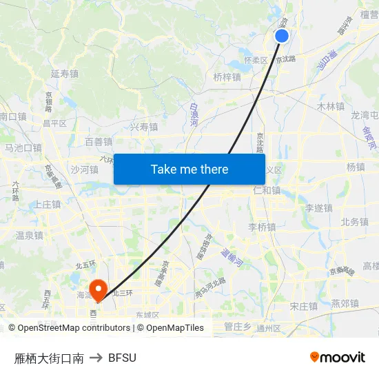 Yanqi Boulevard South to BFSU map