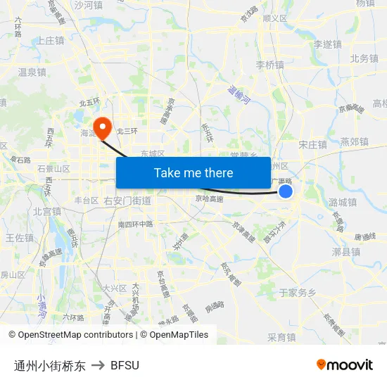 Tongzhou Xiaojie Bridge East to BFSU map