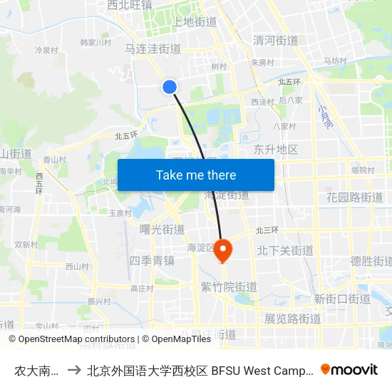 农大南路 to 北京外国语大学西校区 BFSU West Campus map