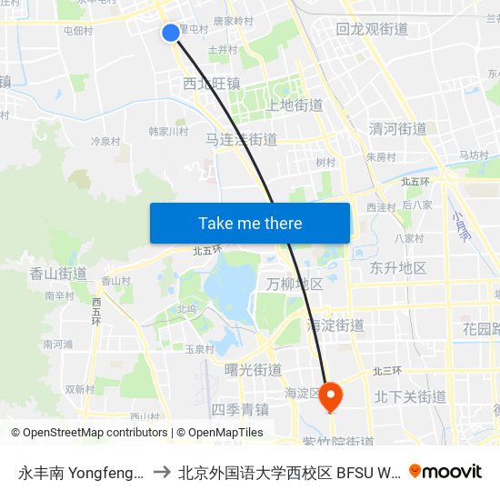 永丰南 Yongfeng Nan (S) to 北京外国语大学西校区 BFSU West Campus map